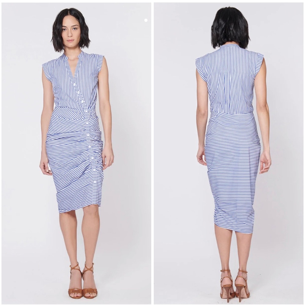 Veronica Beard Blue and White Striped Sleeveless Ruched Sheath Dress